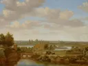 Panorama bij Arnhem van Joris van der Haagen: landschap met panorama, rivier, poort en wolken, in gedempt groen met blauw