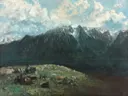 Panoramic View of the Alps, Les Dents du Midi van Gustave Courbet: landschap met bergen, Alpen, sneeuwtoppen en vergezicht, in donkergroen en grijsblauw