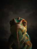 Studioportret van Pantherkameleon van voren, tegen een geschilderd doek in houtskool