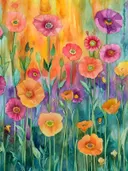 Aquarel van roze, oranje en paarse papavers op een kleurrijke gradiëntachtergrond
