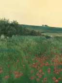 Impressionistisch landschapsschilderij van papaverveld