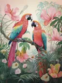 Twee kleurrijke papegaaien op een tak tussen roze tropische bloemen.