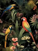 Drie kleurrijke papegaaien tussen jungle bladeren en bloemen op een donkere achtergrond.