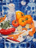 Stilleven met gele paprika's, tomaten en rode pepers op een blauw marmerpatroon.