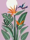 Illustratie van een oranje paradijsvogelbloem met tropische bladeren en een kolibrie