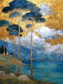 Schilderij van parasoldennen tegen een gouden lucht met blauw meer en wilde bloemen op de voorgrond