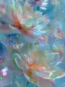 Schilderij van parelmoerkleurige lotusbloemen met pastelkleurige vlinders