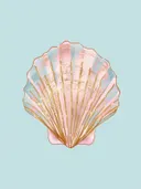 Illustratie van een roze en gouden schelp op een mintblauwe achtergrond