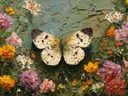 Schilderij van een crèmewitte gestippelde vlinder tussen groene tuinbloemen