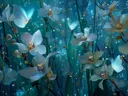 Schilderij van witte orchideeën met gloeiende vlinders in een nachtelijk bos