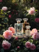 Schilderij van parfumflacons bij een roze rozenstruik
