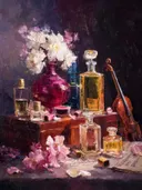 Parfumflacons en viool bij roze bloemen, stilleven schilderij