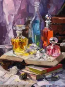 Parfumflacons op een open boek, stilleven schilderij