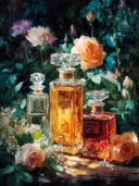 Schilderij van parfumflacons tussen rozen in een tuin