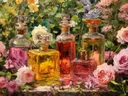 Schilderij van parfumflessen in een bloeiende tuin