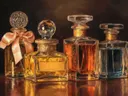 Schilderij van parfumflessen met een perzikkleurig lint