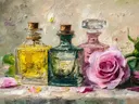 Schilderij van parfumflessen met een roos op beige achtergrond