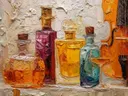 Schilderij van parfumflessen naast een viool