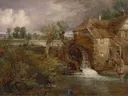 Parham Mill, Gillingham van John Constable: landschap met watermolen, beek, bomen en water, in groen met warm bruin