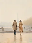 Stel in vintage jassen wandelt bij de Eiffeltoren in de mist