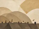 Schilderij van parijse gevel in camel en ivoor, in vlakke kleurvlakken