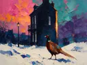 Parijse gevel in donker tegenlicht in de sneeuw, schilderij van parijse gevel