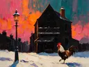 Parijse gevel in gedempt tegenlicht in de sneeuw, schilderij van parijse gevel