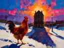 Parijse gevel in helder tegenlicht in de sneeuw, schilderij van parijse gevel