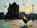 Parijse gevel in licht tegenlicht in de sneeuw, schilderij van parijse gevel