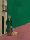 Schilderij van parijse gevel in smaragd en oud roze, in vlakke kleurvlakken