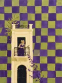 Schilderij van parijse gevel in violet en limoen, in vlakke kleurvlakken