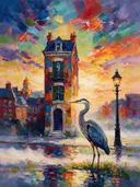 Parijse gevel in warm het volle beeld in de mist, schilderij van parijse gevel