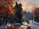 Parijse gevel in warm tegenlicht in de sneeuw, schilderij van parijse gevel