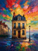 Parijse gevel in zacht het volle beeld in de mist, schilderij van parijse gevel