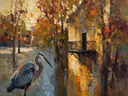 Parijse gevel van dichtbij tussen de bomen in warm oranje, schilderij van parijse gevel van dichtbij tussen de bomen, met...