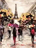 Schilderij van een Parijse straat met de Eiffeltoren