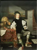 Paris Portrait d'un négociant dans son cabinet 001 van Eglon van der Neer: portret met man, studeerkamer, globe en boeken, in donkerbruin met rood