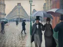 Paris Street; Rainy Day van Gustave Caillebotte: stad met Parijs, regen, paraplu's en straat, in gedempt grijs en blauw