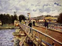 Passerelle d'Argenteuil van Alfred Sisley: landschap met brug, rivier, mensen en boten, in blauw en okergeel