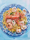 Schilderij van een bord pasta met garnalen en sint-jakobsschelpen op een blauw-wit bord.