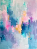 Abstract schilderij in pastel blauw en perzik