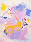 Abstract schilderij met gele en blauwe verfstreken op een lila achtergrond.
