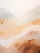Abstract schilderij van gelaagde bergvormen in pastelblauw, perzik en roze.
