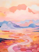 Abstract pastelkleurig woestijn- en berglandschap met een kronkelende rivier in oranje en roze tinten