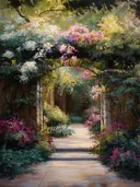 Botanisch schilderij van een pastelkleurige bloemenpergola