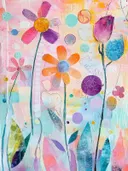 Roze en paarse bloemen met pastelkleurige cirkels op een lichte achtergrond