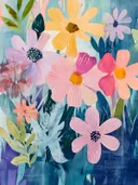 Pastelkleurige bloemen met stippen in het hart op een donkerblauwe achtergrond