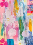 Pastelkleurig schilderij met witte en roze bloemen