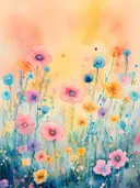 Aquarel van een pastelkleurige bloemenweide met roze, blauwe en gele bloemen