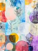 Abstract kunstwerk met pastelkleurige cirkels en fijne lijntekeningen van planten